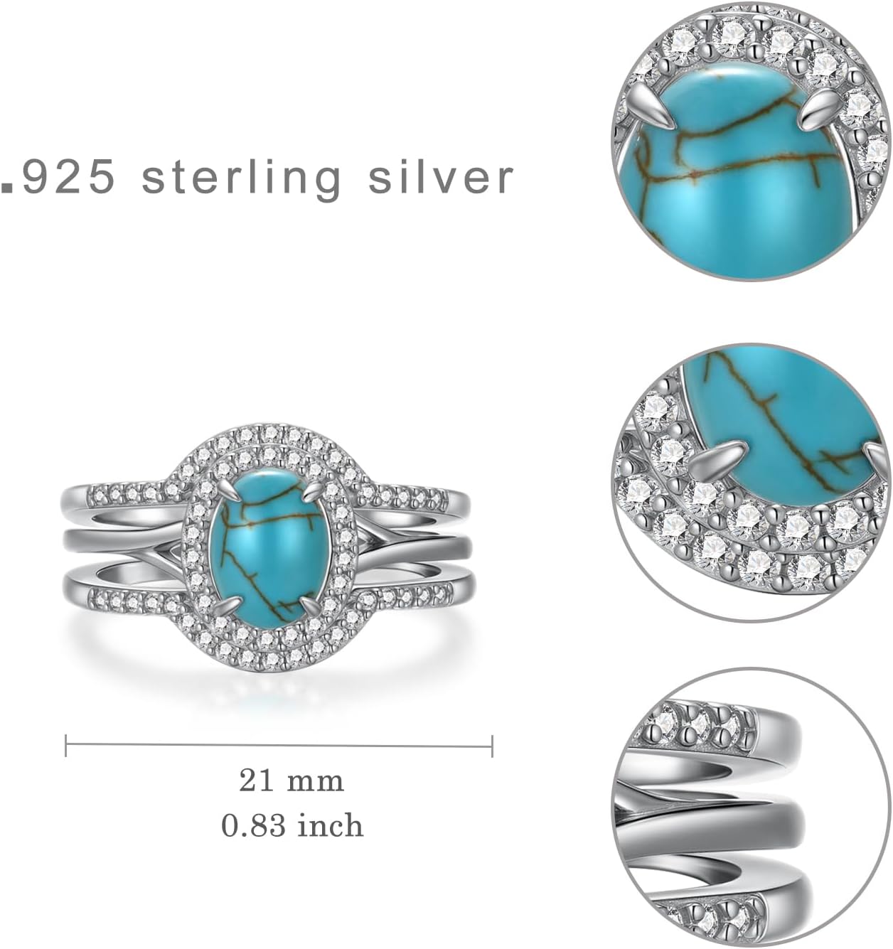 Genuine Turquoise Rings 925 Sterling Silver Engagement Ring Set Western Nature Gemstone Wedding Turquoise Jewelry for Women