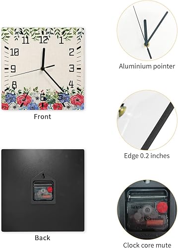 Miniatura 2 de 4th of July Wooden Wall Clock Silent Non Ticking, Red Blue Poppy Flower Leaves Independence Day Retro Square Wall Clock Battery Operated, Decor