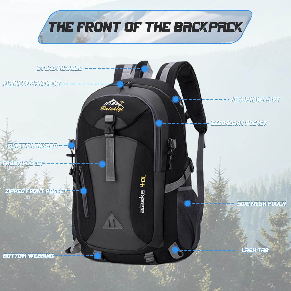 Zaino Trekking 40 Litri,Zaino Montagna Impermeable para Senderismo,Camping,Ciclismo,Escalada,Marcha,Alpinismo