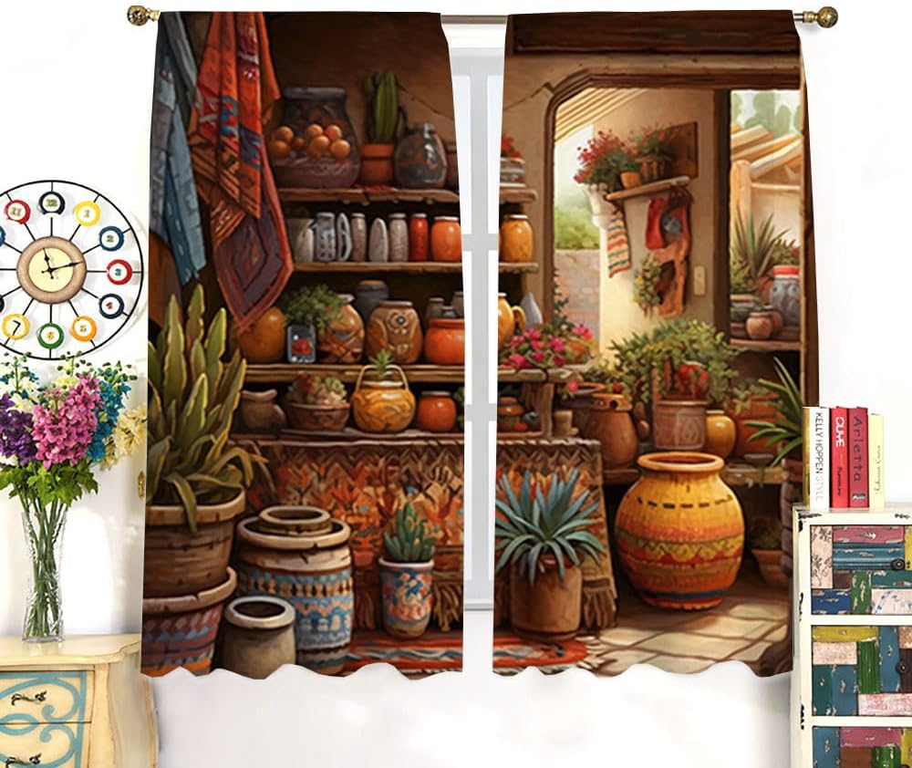 Rustic Town 70s Cabin Vase Art Blackout Curtains Watercolor Vintage Boho Exotic Vase Print Curtains for Living Room, Bedroom, Or Dining Room 2 Panels 45" L x 21" W