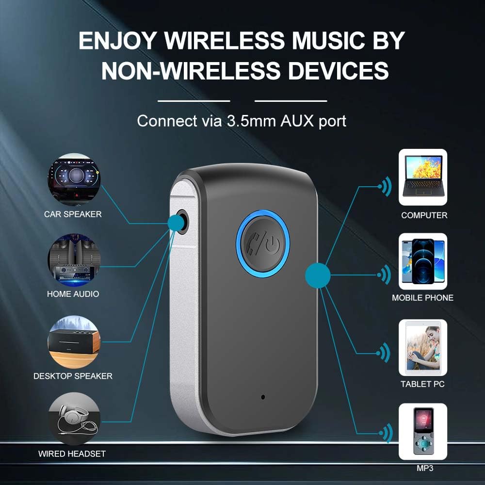 Adattatore Bluetooth AUX per auto, ricevitore wireless da 3,5 mm, adattatore AUX Bluetooth, chiamate in vivavoce per auto, altoparlanti, sistemi stereo e cuffie