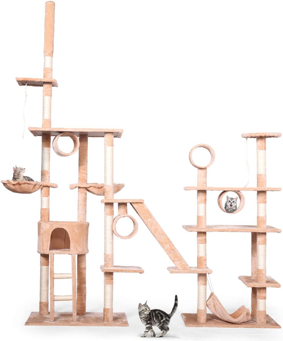 XLarge Cat Tree Tower Condo Playground Cage Kitten Multilevel Activity Tower Condo w/Hammock Scratching Pole,Beige,103" H
