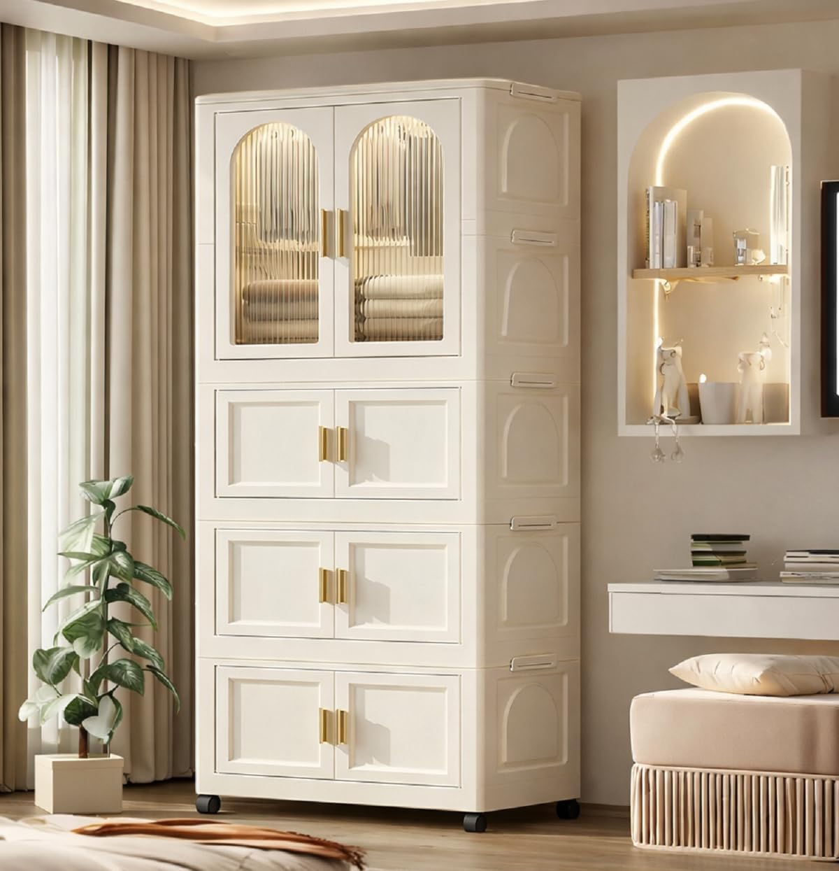 1+2 Door Kids Plastic Wardrobe for Clothes, Foldable Plastic Almirah for Clothes, Collapsible Wardrobe for Storage, Baby Cupboard for Clothes, Storage Rack for Kids – Off White (Trans_12)