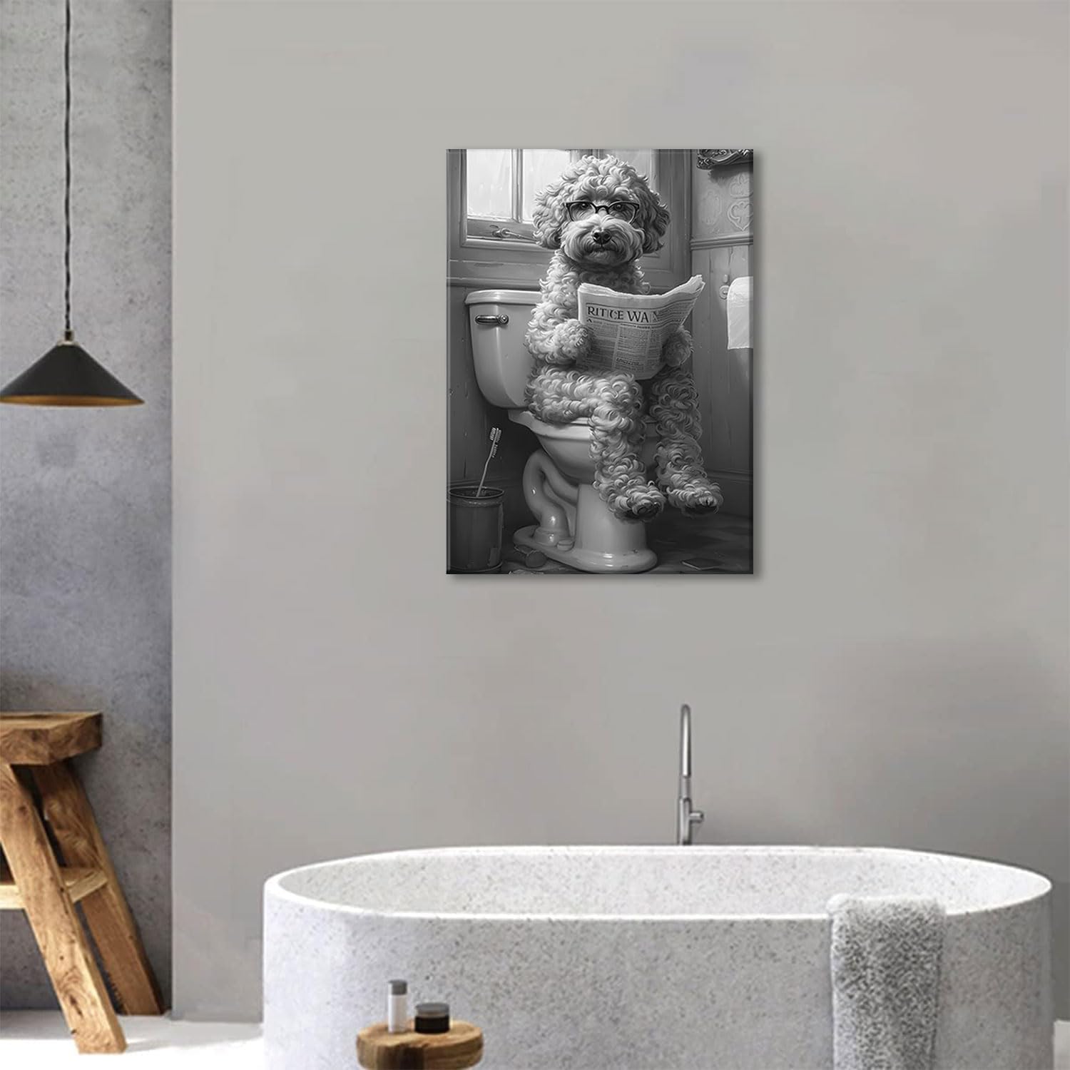 OIQArtOIQ Funny Bathroom Canvas Wall Art Black and White Wall Art Teddy Dog On Toilet Reading Newspaper Animal Art Prints Artwork For Restroom, 12x16 in