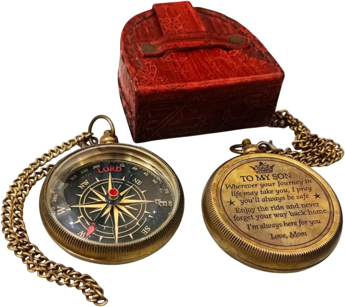 Antique Brass Compass with Chain & Premium Leather Case - to My Son Engraved Compass - Mom and Dad Gifts, to My Son Personalized Brass Compass, Birthday, Graduation Day Gifts