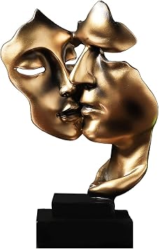 Double Mask Silence is Gold Statue - Modern Home Porch Decor Accessories Living Room Creative Abstract Figures Sculptures - Resin Craft Ornament for Office, Study - Copper