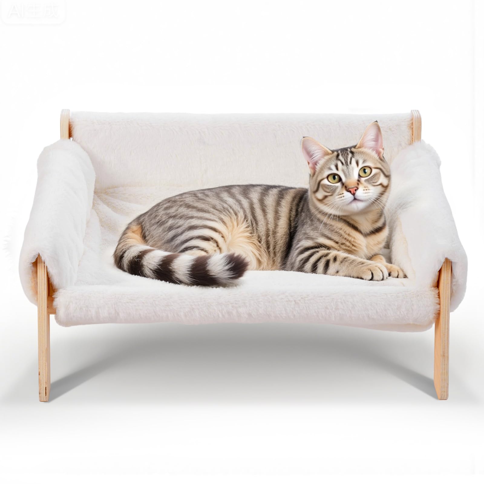 The Fellie Large Cat Sofa Bed, Sturdy Wooden Cat Hammock for Indoor Cats, Soft Cats Couch with Removable Washable Cover, Wooden Pet Sofa Suitable for Kitten, Puppy Up to 10 kg, 56 x 45 cm, White