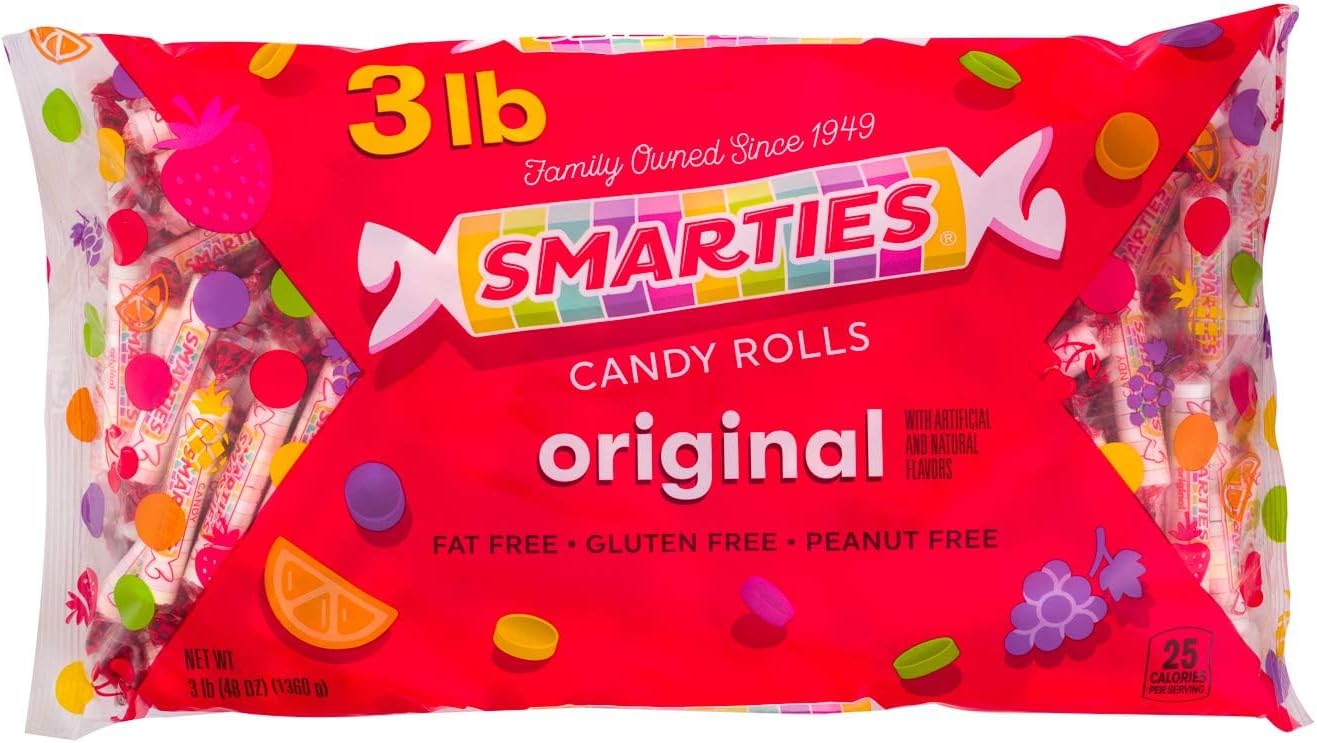 Smarties Candy Bulk Rolls Original Flavor - Gluten & Vegan Free - Classic Sweetness From Family Owned Company Since 1949, Peanut Free & Dairy Free - Perfect Halloween Candy - 180 count, 3 lb Bag