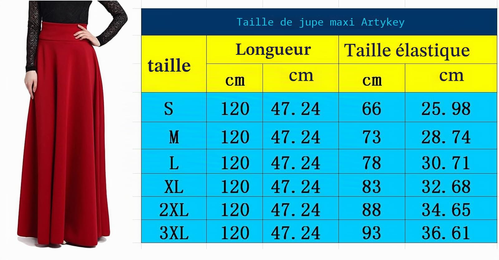 Artykey Jupe Longue Femme Élégant Taille Haute Jupe Longueur au Sol A-Line Casual Party Maxi Skirt Red (3XL Waist93cm)