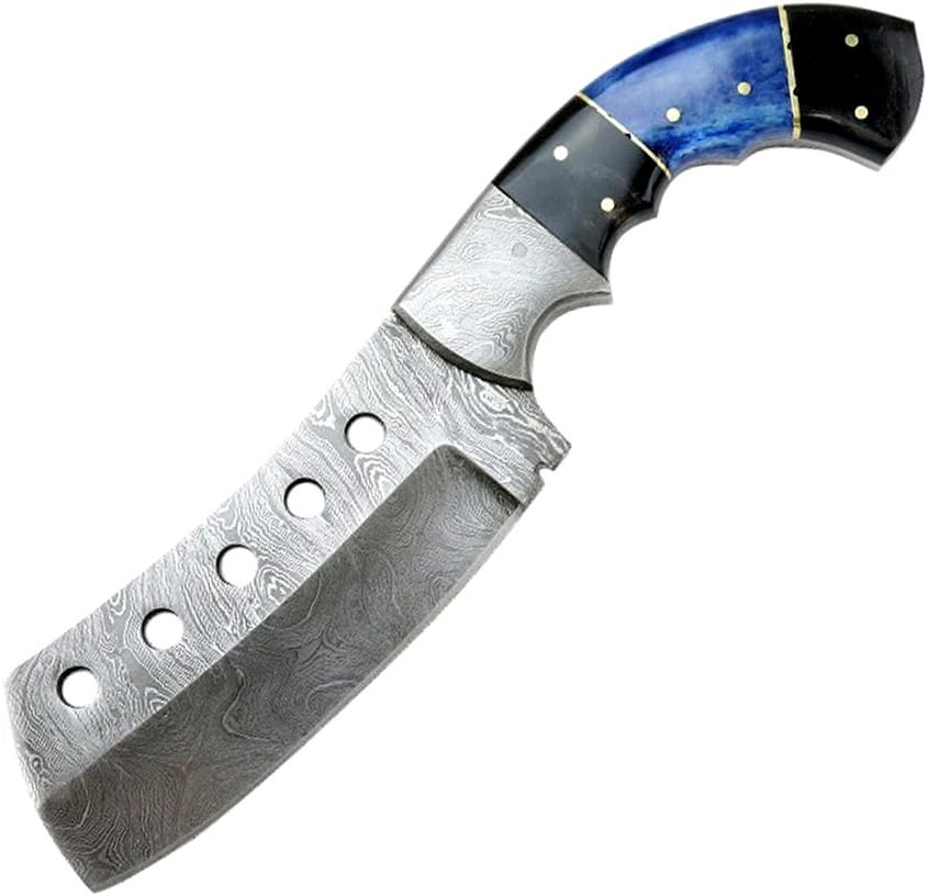 HUNT-DOWN 9.5" Damascus Blade Black & Blue Horn Handle Hunting Knife with Sheath