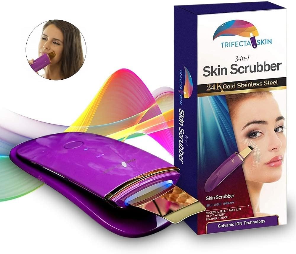 Trifecta Skin PREMIUM 24K Gold 3-In-1 Face Scrubber Exfoliator w/Blue Light Therapy, Galvanic Ion, Micro-current Face Lift Pore Extractor (Trifecta Skin 24K Scrubber)