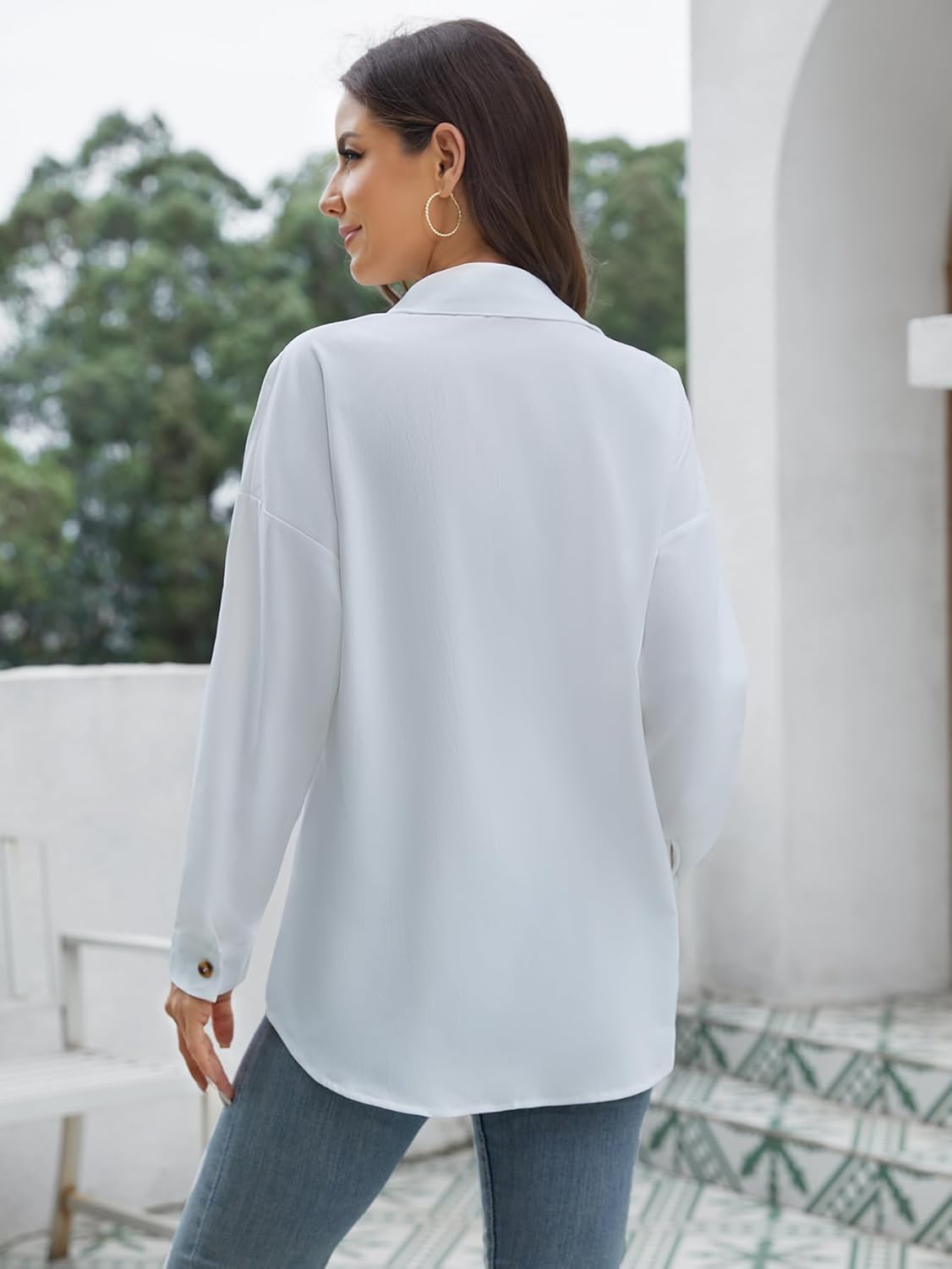 Scacto Women's Button Down Shirts Drop Shoulder Long Sleeve Button Up Shirt with Pocket - Image 2