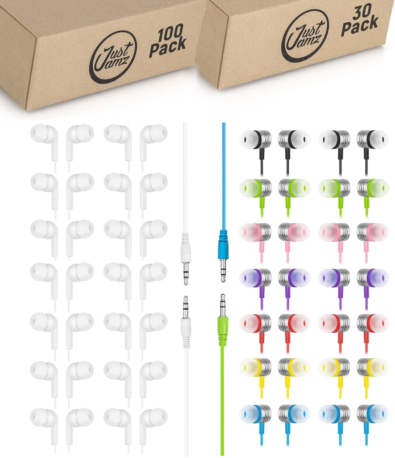 JustJamz 130-Pack Bulk Wired Earbuds Bundle: 100-Pack Pearl White Ear Buds + 30-Pack Jelly Matte Multicolor Earphones | Affordable Wired Headphones for Schools, Classrooms, Libraries, and Students