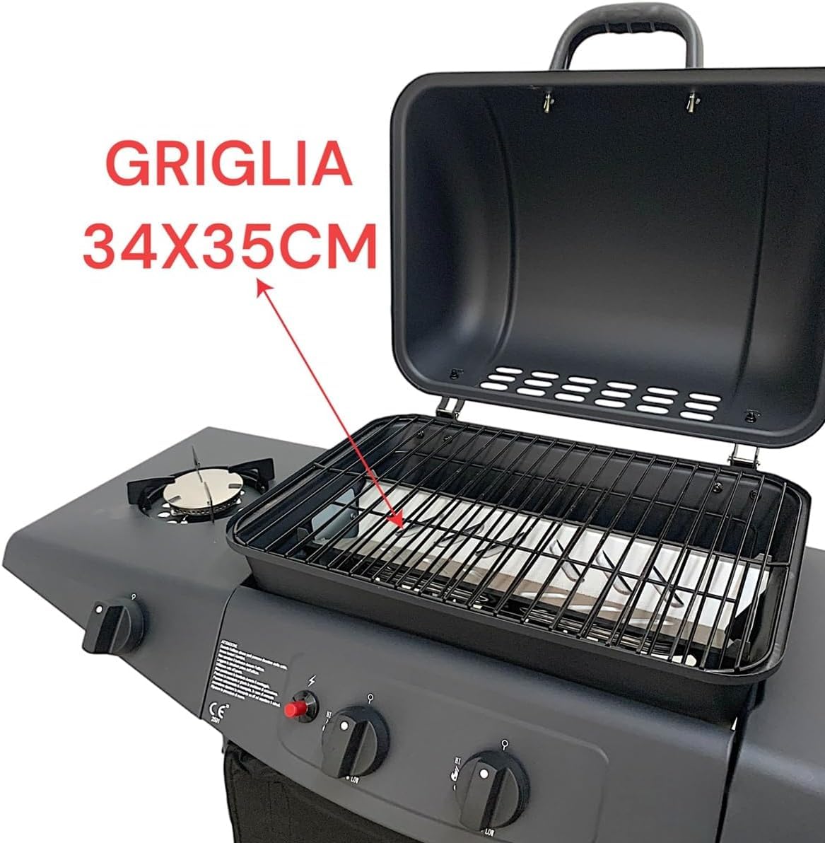Barbecue a Gas con 2 Fuochi, Piano Laterale e Fornello, Griglia in Acciaio, a Pietra Lavica e Ruote per Trasporto Ideale per Giardino e Terrazzo