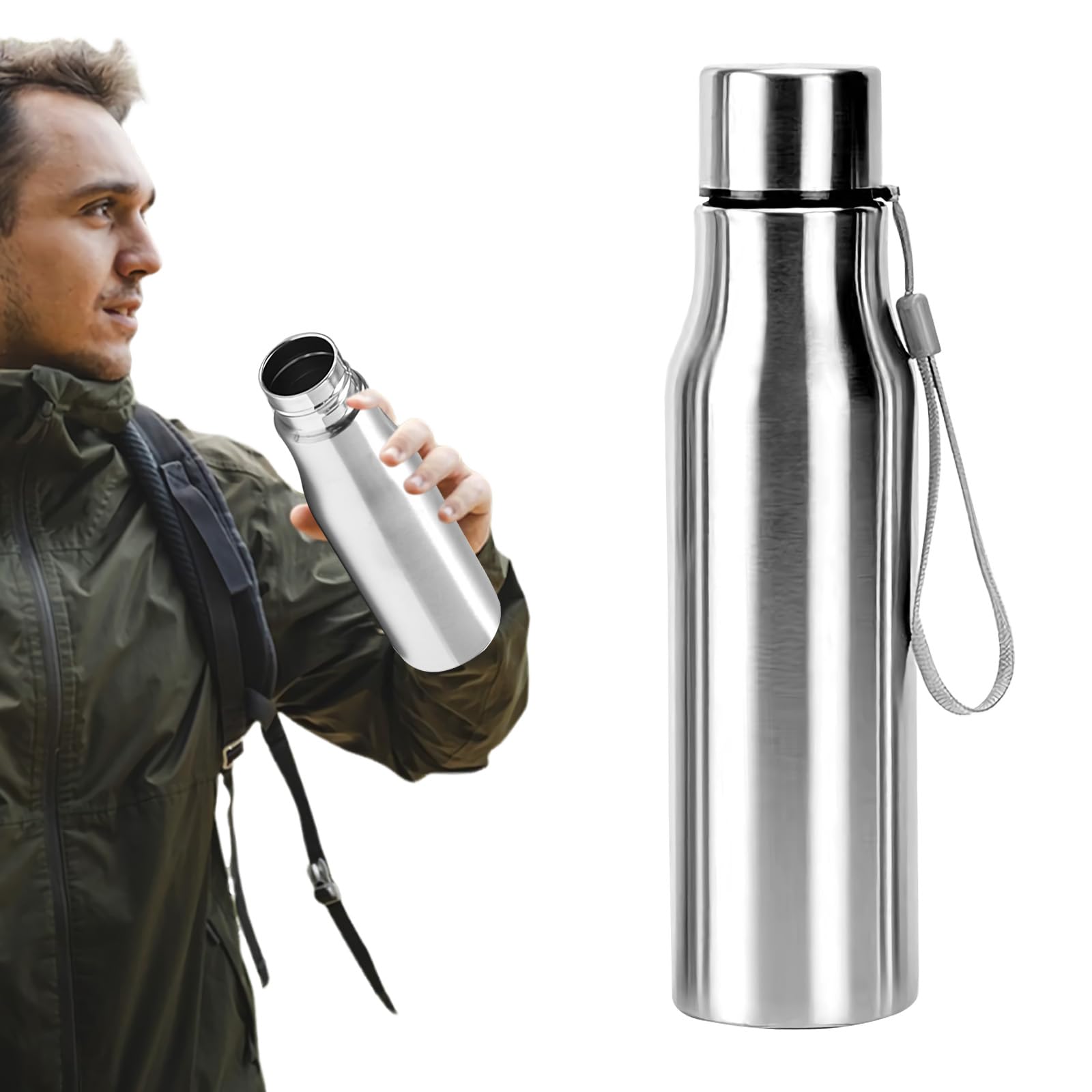Upgrade Stainless Steel Water Bottle,Portable Single Wall Metal Water Bottles with Handle Loop,Wide Mouth, Leak Proof, BPA Free,Lightweight outdoor Sports Camping Bike Cycling Kettle Cup (C, 750ML)
