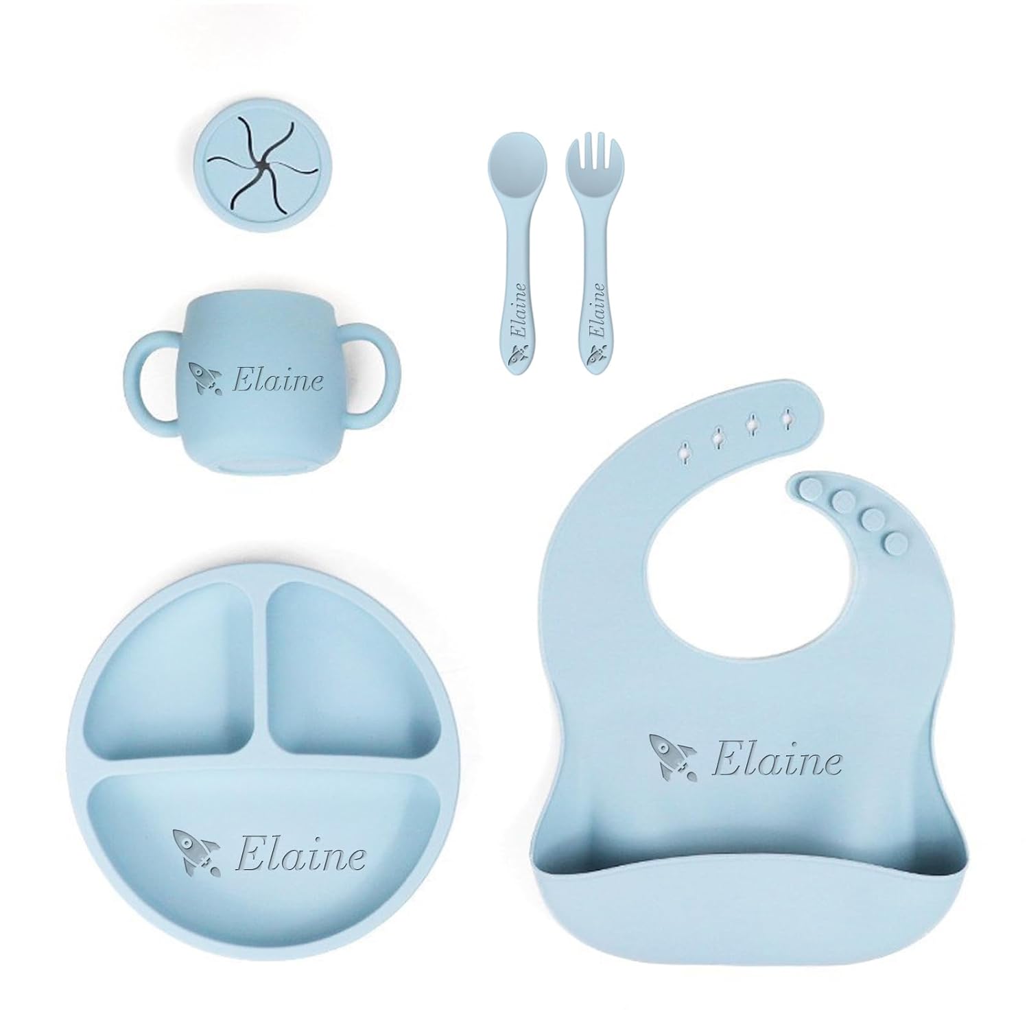 Personalized Silicone Tableware, 5-Color Food-Grade Silicone Tableware, Baby Weaning Supplies, Customized Name, Adjustable Silicone Bib, Baby Birthday Gift (Cream Color)