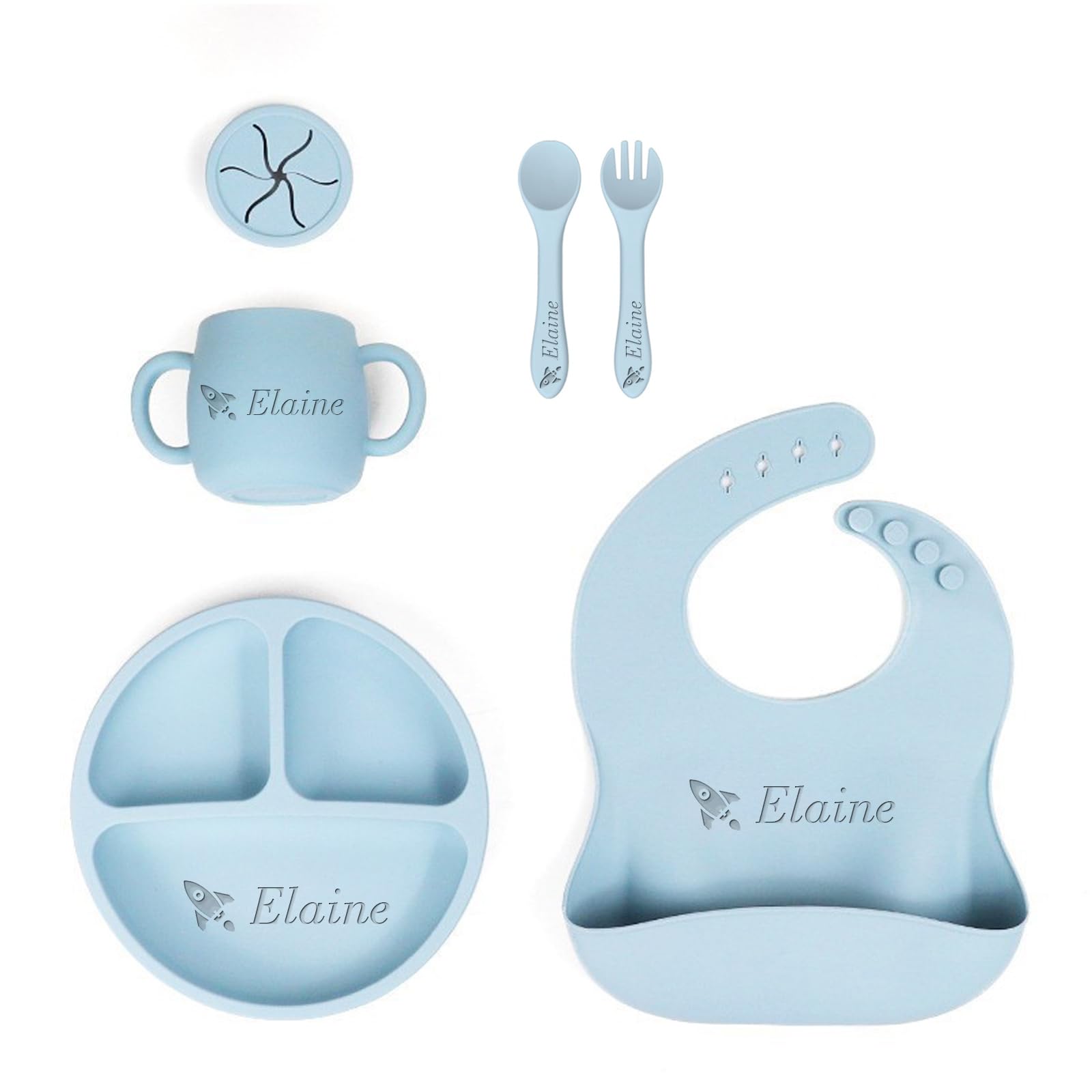 Personalized Silicone Baby Feeding Set Custom Snack Cup with Lid Baby Weaning Supplies Adjustable Silicone Bibs Baby Birthday Gift Divided Tableware Set Soft Spoon,Fork Weaning Supplies (Blue)