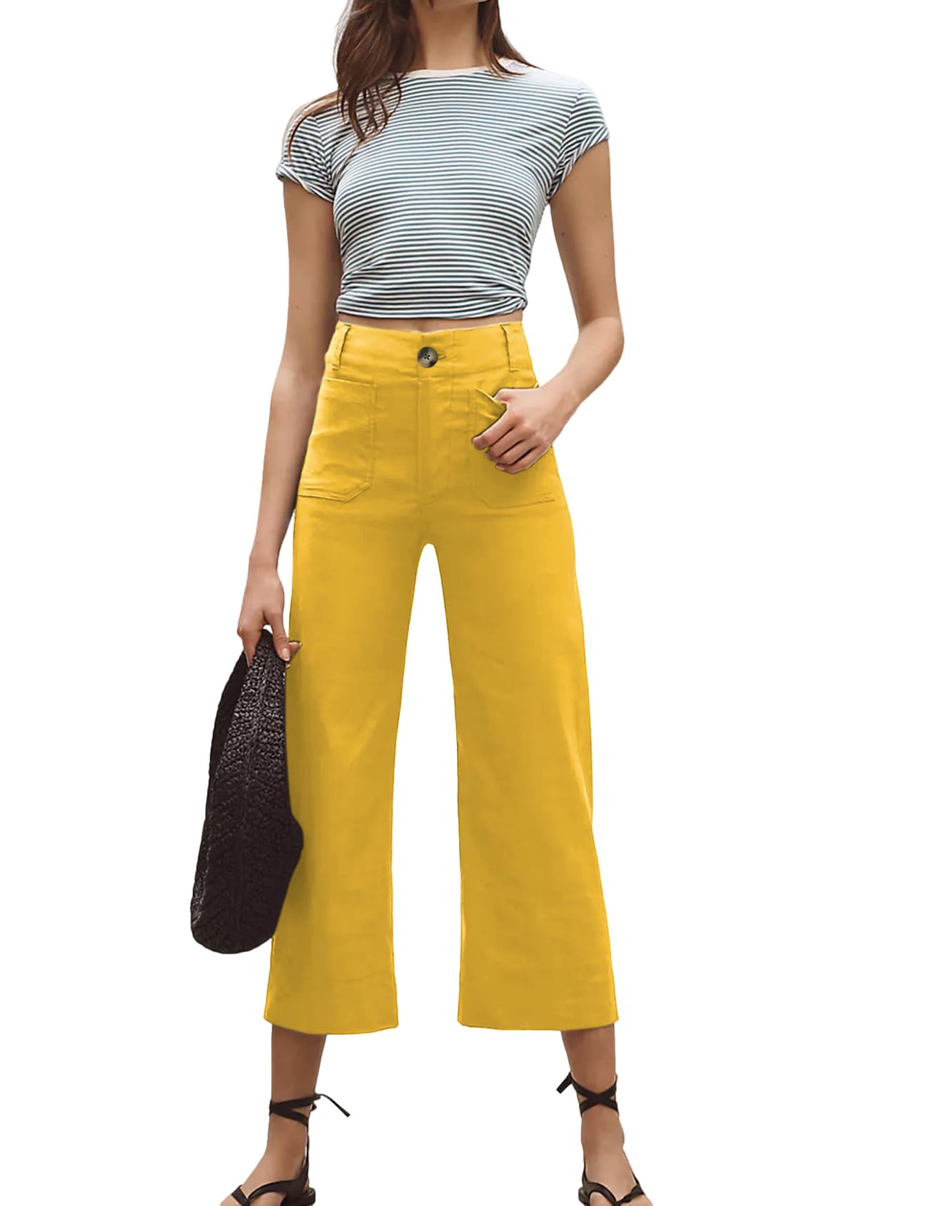 Womens Linen Pants Cropped Wide-Leg Pants Casual High Waist Baggy Pants Stretchy Straight Trousers with Pockets