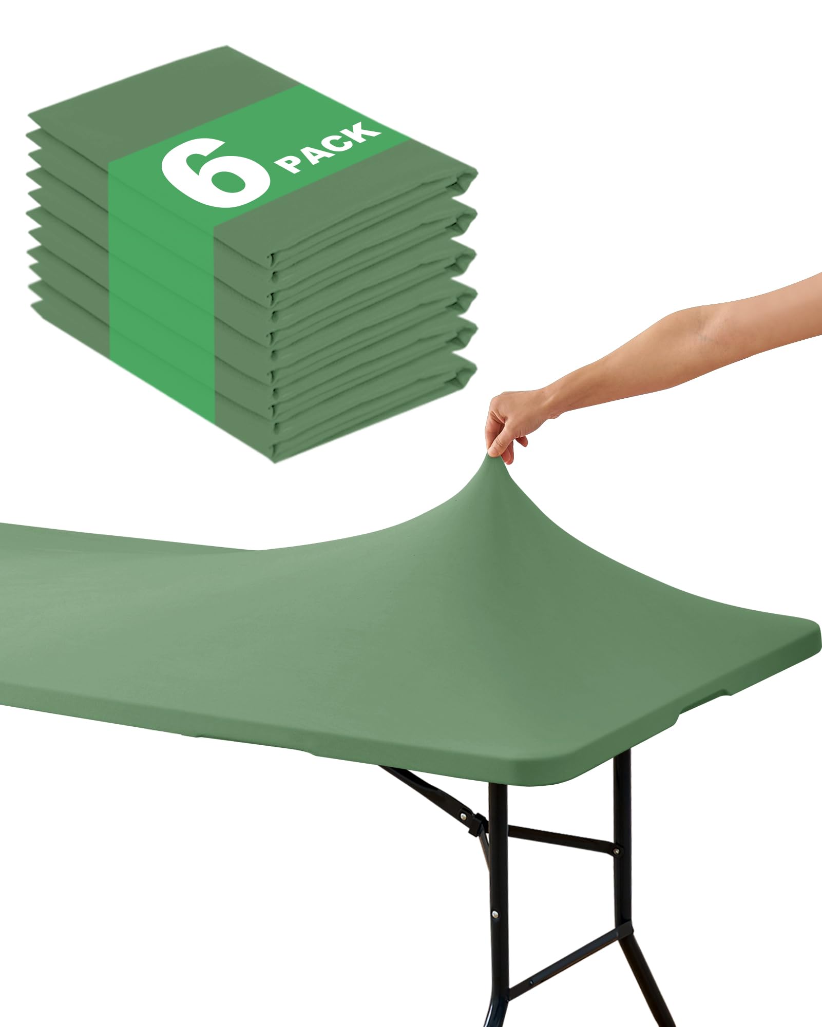 Photo 1 of KeyWave Fitted Tablecloth Rectangle Table Cloths - 6 Pack 6 Foot Elastic Stretch Folding Table Top Cover Water-Resistant Reusable for Outdoor Picnic Camping Party Event, Sage Green, 72" L x 30" W