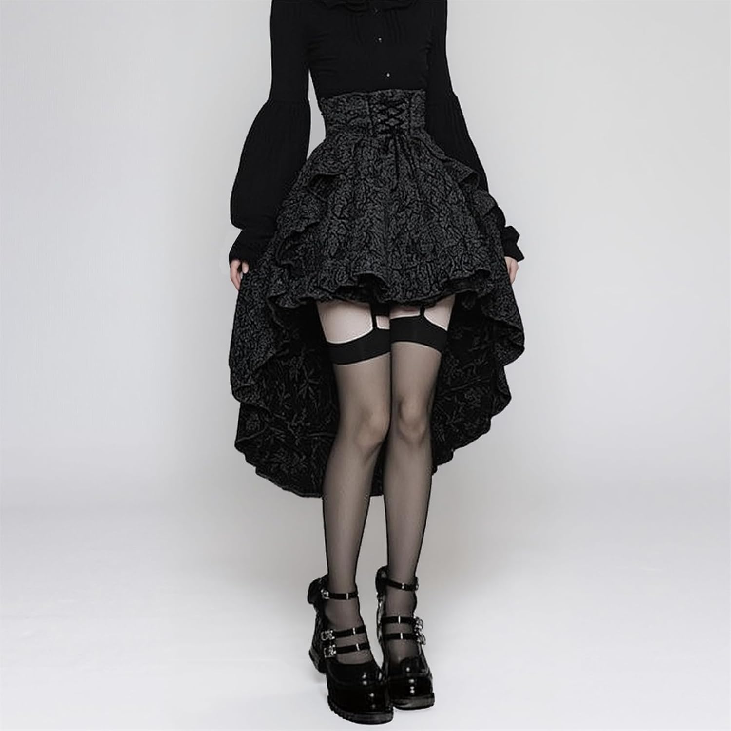 win2win Goth Asymmetrical Midi Skirt Women High Waisted Y2k Ruffled Punk High Low