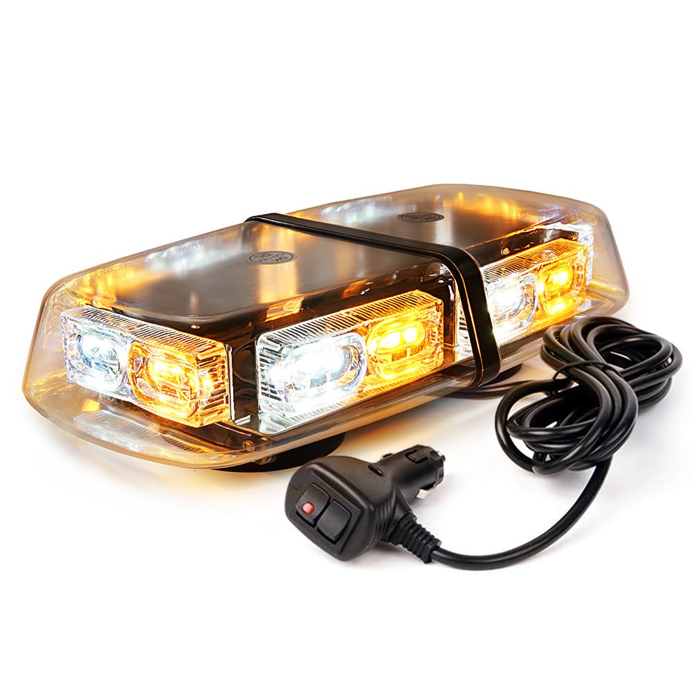 Xprite36 LED Rooftop Strobe Beacon Mini Bar Lights 16 Flashing Modes Warning Hazard Light w/Magnetic Base for Emergency Vehicles Trucks Snow Plow Construction Cars Bus - White mix Amber