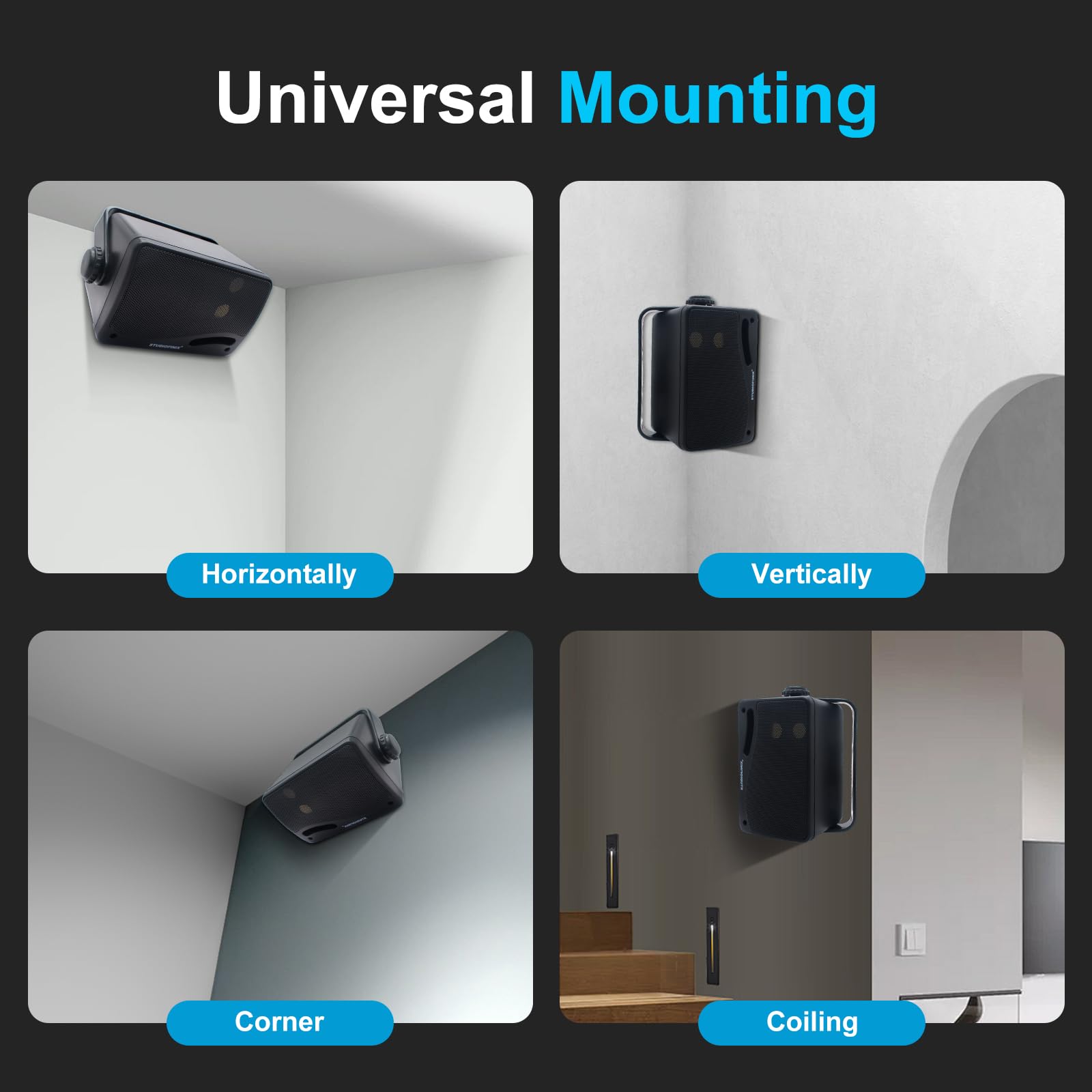 STUDIOFINIX Passive Outdoor Speakers Wired Waterproof -3.5 Inch 3 Way 200W Surface Marine & Wall Mount Speakers, Ideal for Home, Boat, Poolside, Patio, Indoor Outdoor Use（Black