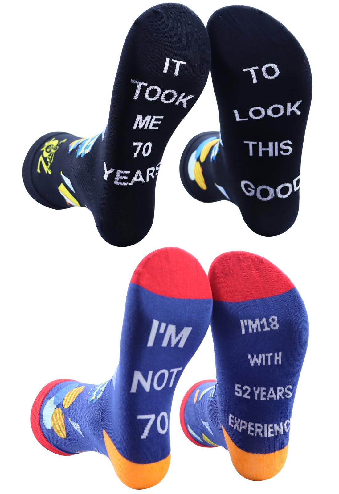 2 pares de calcetines de 70 cumpleaños para hombres y mujeres, calcetines divertidos cosidos, regalos divertidos para mamá y papá