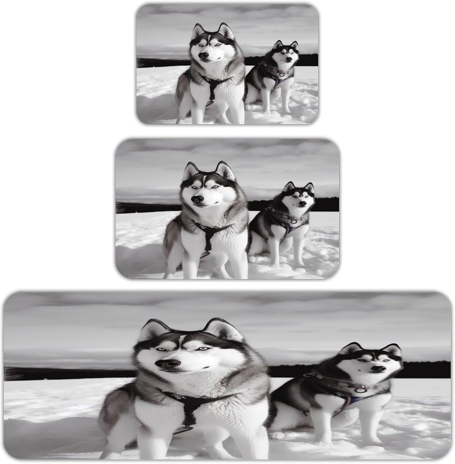 Husky Dogs Snow Kitchen Mat Set of 3 Waterproof Floor Mats Non-Slip Kitchen Rugs Premium Flannel Rug Heavy Duty Standing Mat for Kitchen Home Bathroom Laundry