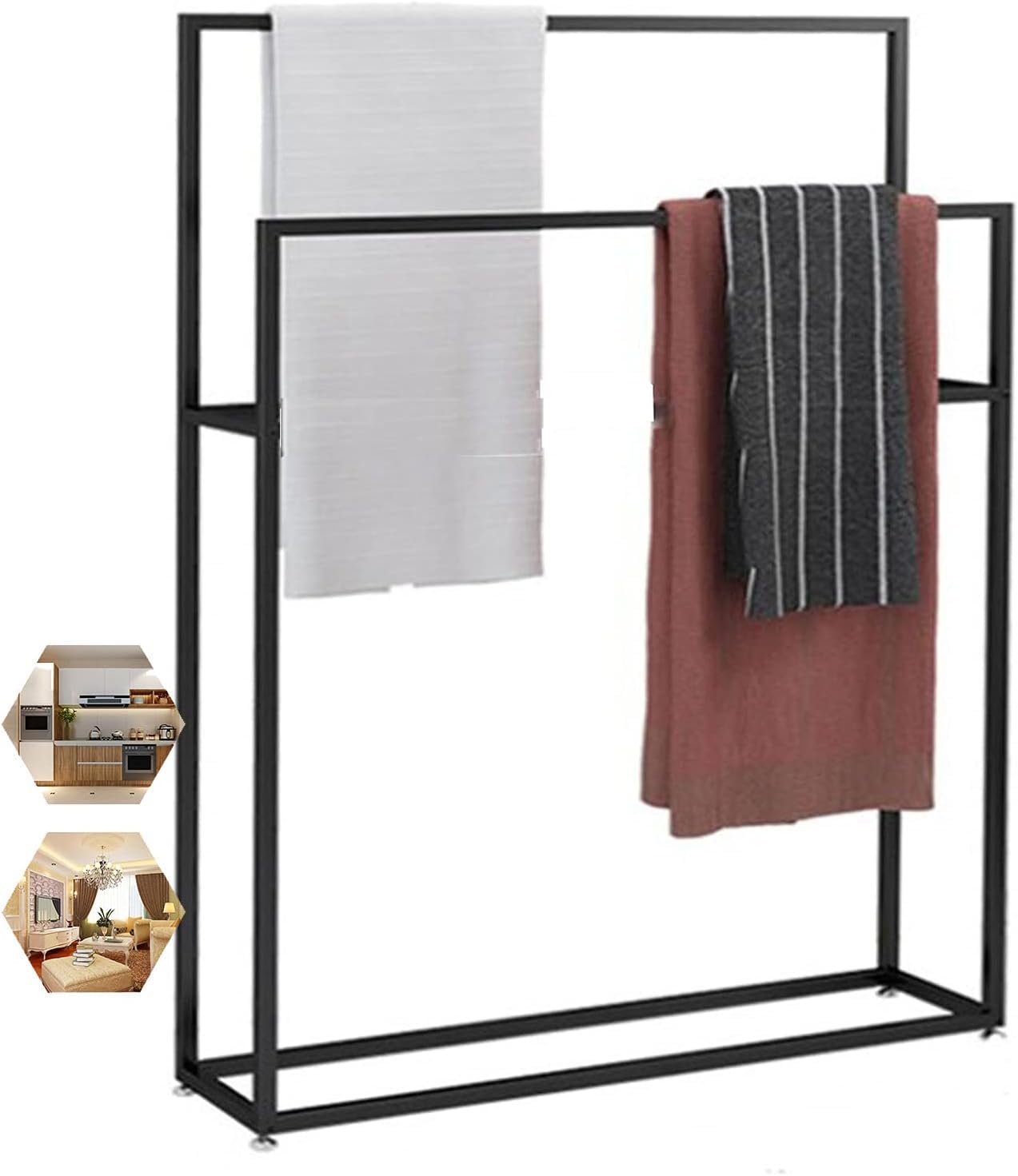 Freestanding Towel Rack - 2-Tier Floor Stand Bathroom Hanger & Hand Holder Space-Saving Design(Black,65Cm)
