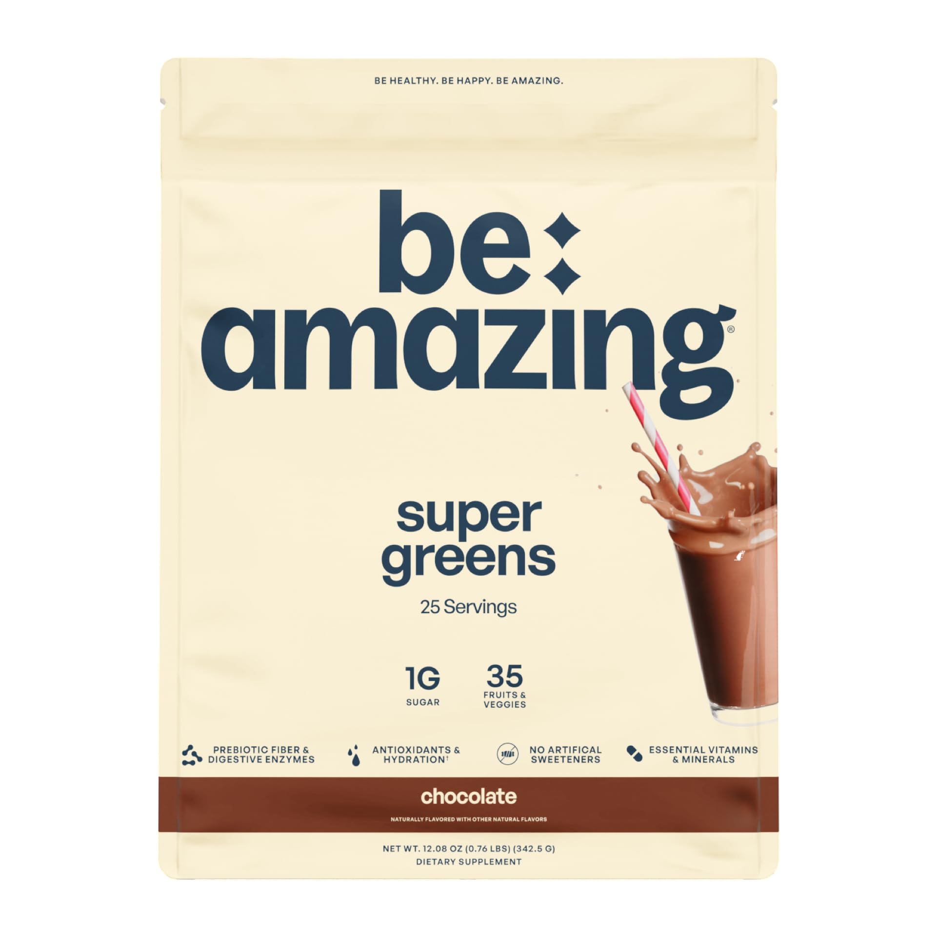 BE AMAZING Super Greens Powder with Prebiotics, Digestive Enzymes & Antioxidants, 35 Fruits & Veggies, Electrolytes & Fiber, Vegan, Gluten Free Juice & Smoothie Mix, Chocolate, 25 Servings
