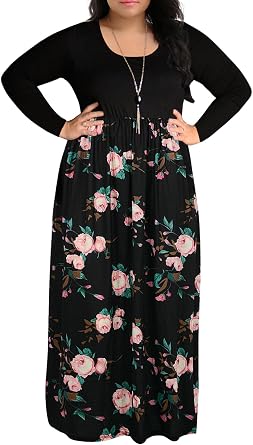 Nemidor Plus Size Maxi Dresses for Curvy Women Casual Long Sleeve Chevron Print Long Dress with Pocket 14-26