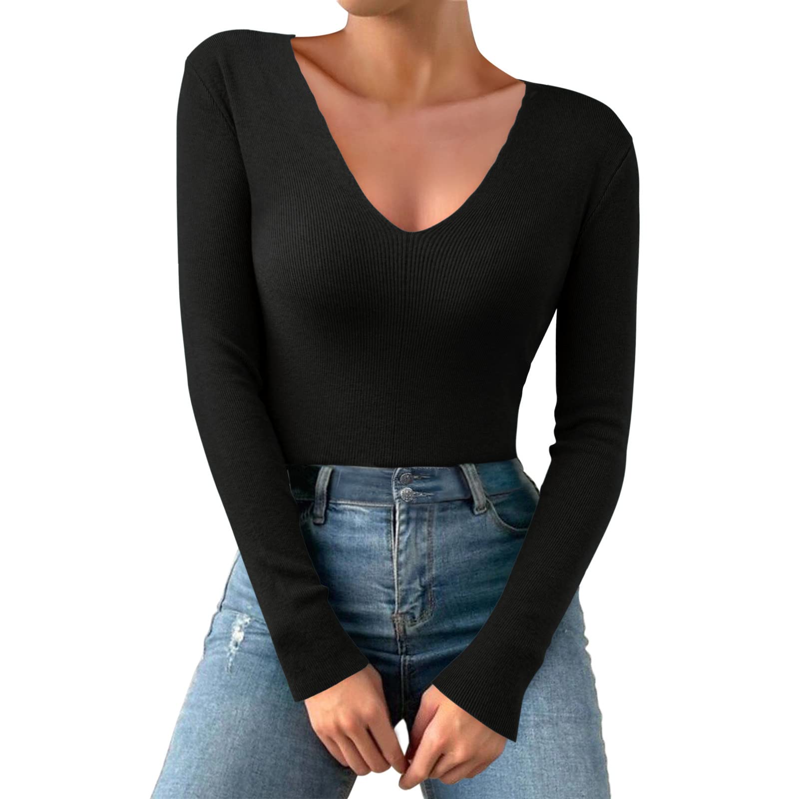 AQ899Thermal Top Vests for Women UK Thermal Vest Women Casual Solid Color  Deep V Neck Stretch Knit Long Sleeve Top Womens Top Thermals Vests for Women
