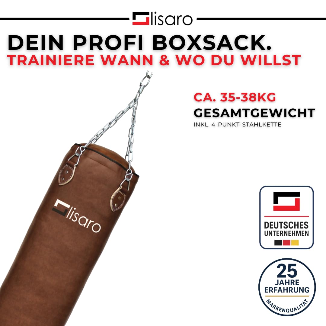 Lisaro Profi Boxsack 120/150 cm gefüllt/ungefüllt | Sandsack in Studioqualität für Boxen, Kickboxen & MMA | Kunstleder (Vinyl) | inkl. 4-Punkt Stahlkette | Braun