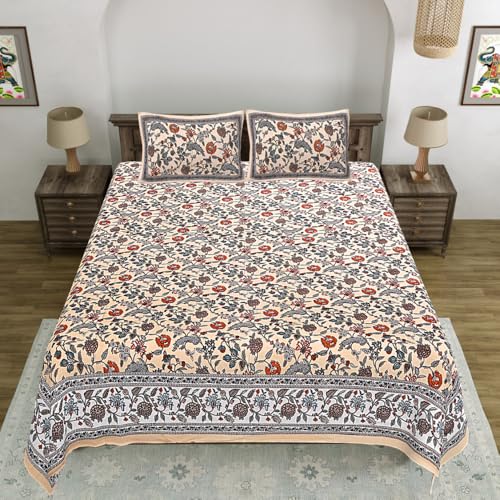 Image of Living Roots Jaipuri Hand Block Print Double Cotton Bedsheet & 2 Pillow Covers, for Mattress Upto 8 inches Thick, No Colour Bleeding, Orange Colour, Super King Size 96 * 104 inches, 150TC (574-A)