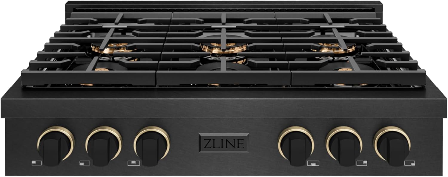 ZLINE Designer Collection 36 in. Paramount Gas Rangetop with 6 Burner DuoPro™ Cooktop in Black Satin Stainless Steel with Matte Black and Champagne Bronze Accents (PSRTBSZ-36-MBCB)