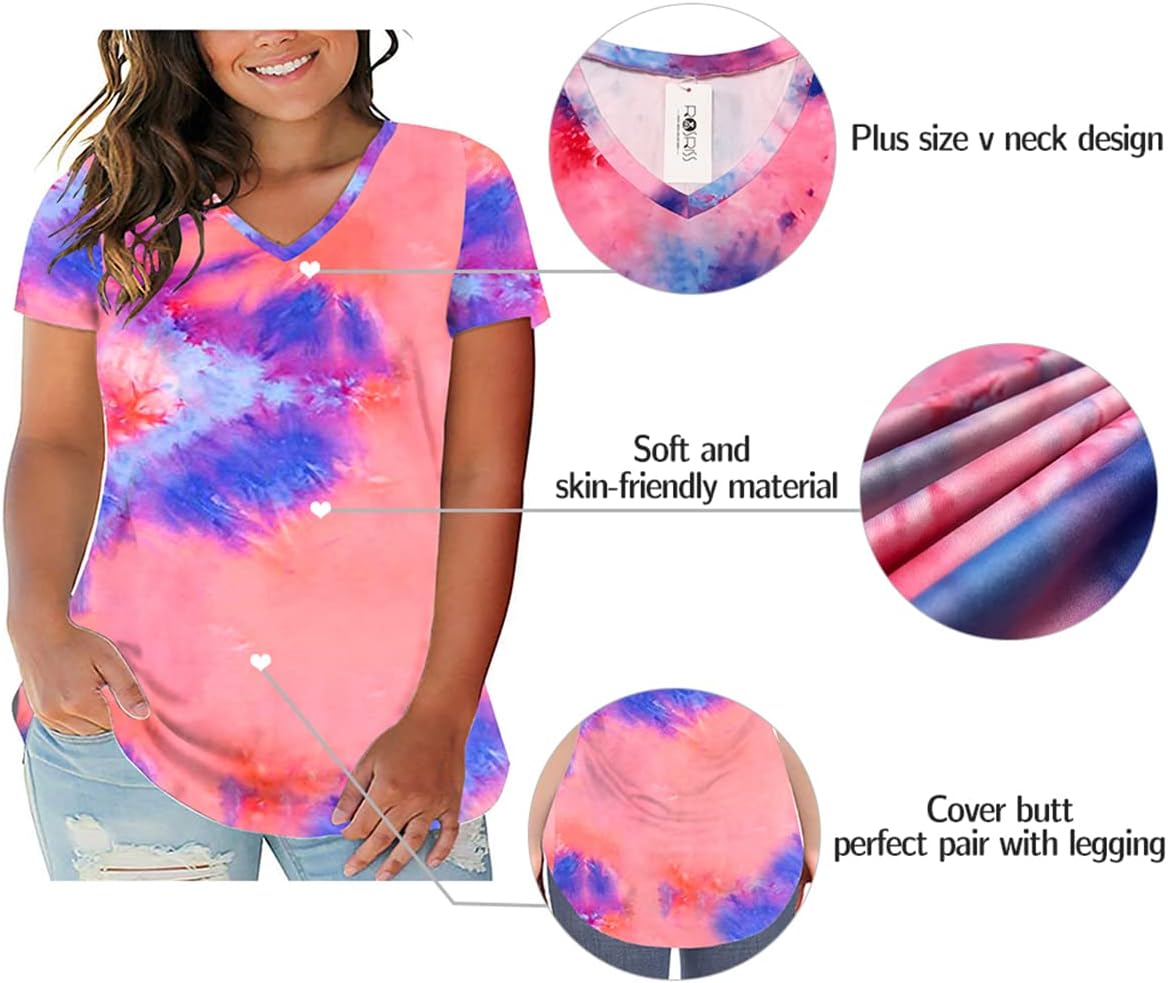 ROSRISS Plus Size Tops for Women Casual Summer T Shirts V Neck Short Sleeve Tunics