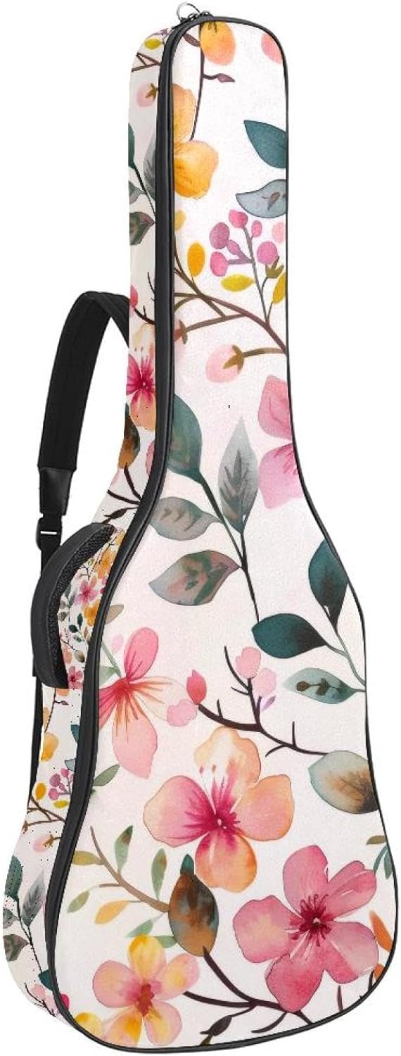 Pink Yellow Flowers Branches Acoustic Guitar Gig Bag, 1 cm Thick Padding Waterproof Guitar Bag Backpack for 40 41 42 Inch Electric Bass Classical Guitars