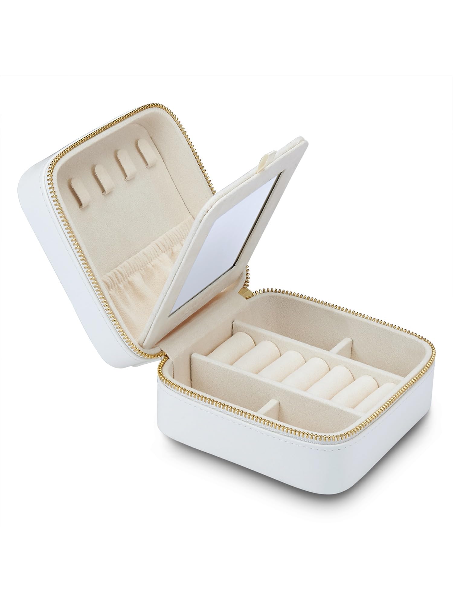GLANZSTÜCKE MÜNCHEN Schmuck-Reisetäschchen Kunstleder weiß 11,5 x 11,5 x 5,8 cm Samt creme Schmucketui Schmuckschatulle für die Reise mit Spiegel