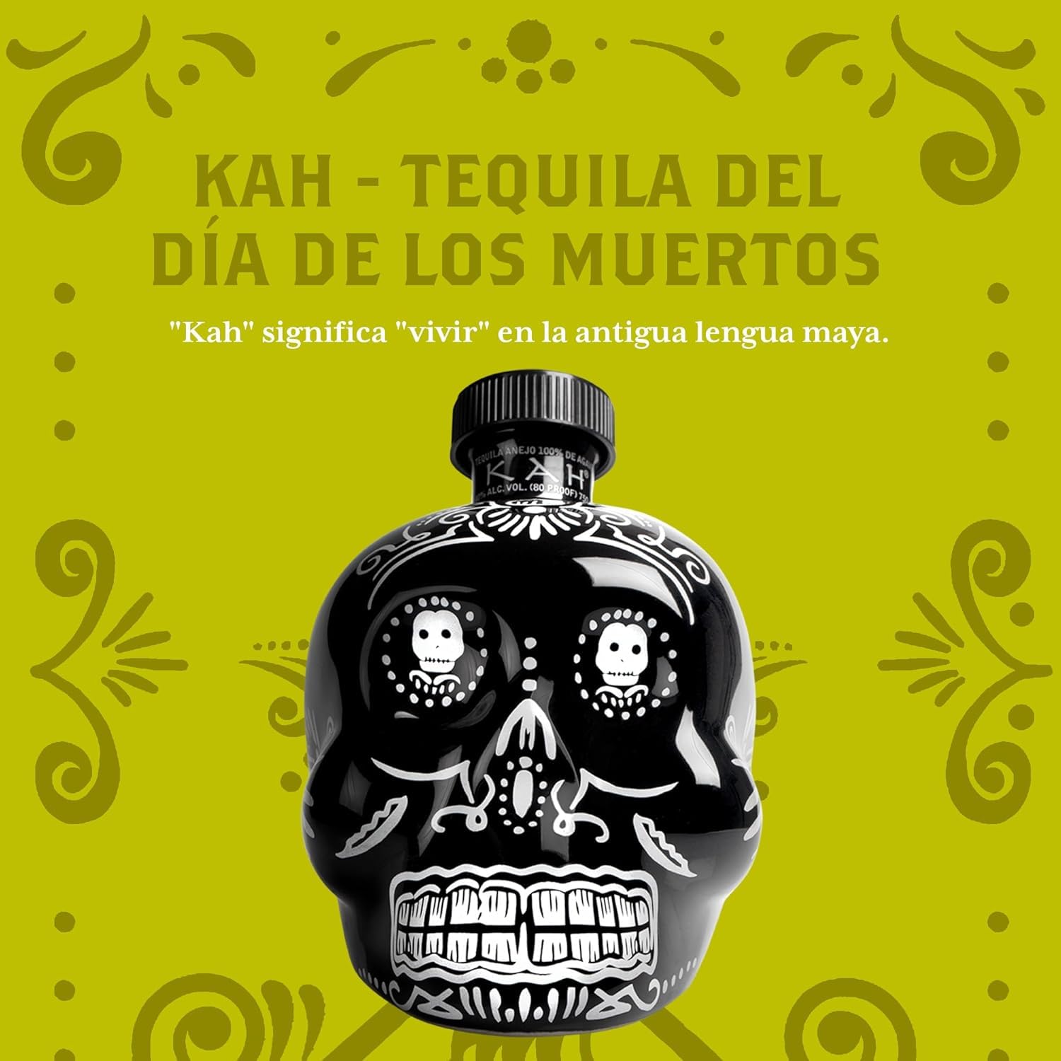 KAH Tequila Añejo - Botella Negra Decorada para el Día de Muertos - 100% Agave Azul - Doble Destilación y Añejo en Barriles de Roble - 40% Vol 70cl (700ml / 0.7L)