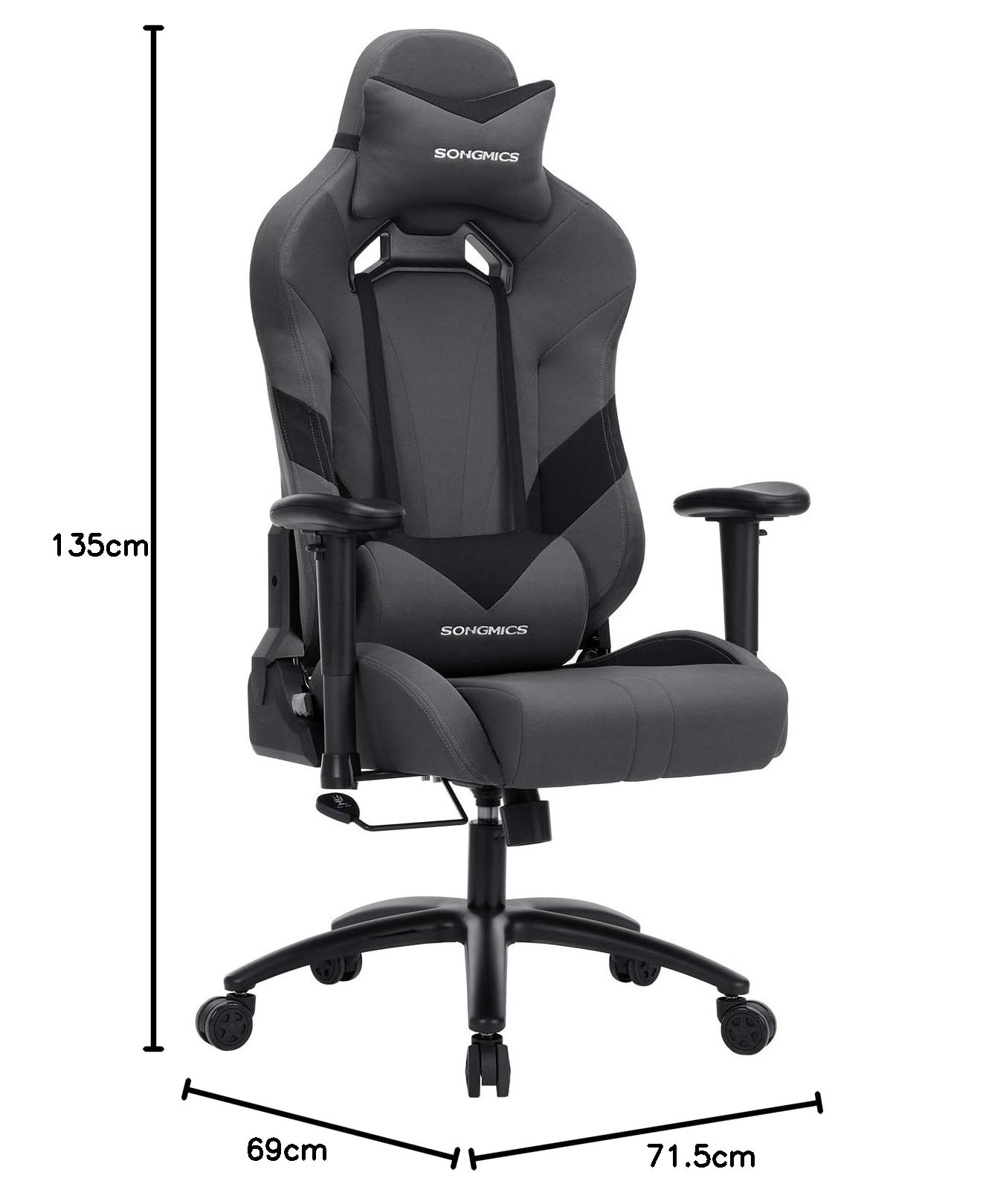 Songmics Bürostuhl Gaming Stuhl Chefsessel ergonomisch mit Verstellbare Armlehnen, Kopfkissen Lendenkissen 66 x 72 x 124-132 cm Grau-Schwarz RCG13G