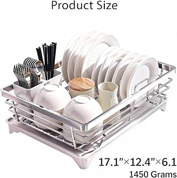 Space-Saving Dish Drying Rack with Drainboard & Utensil Holder, Rustproof Kitchen Counter Organizer, Gray