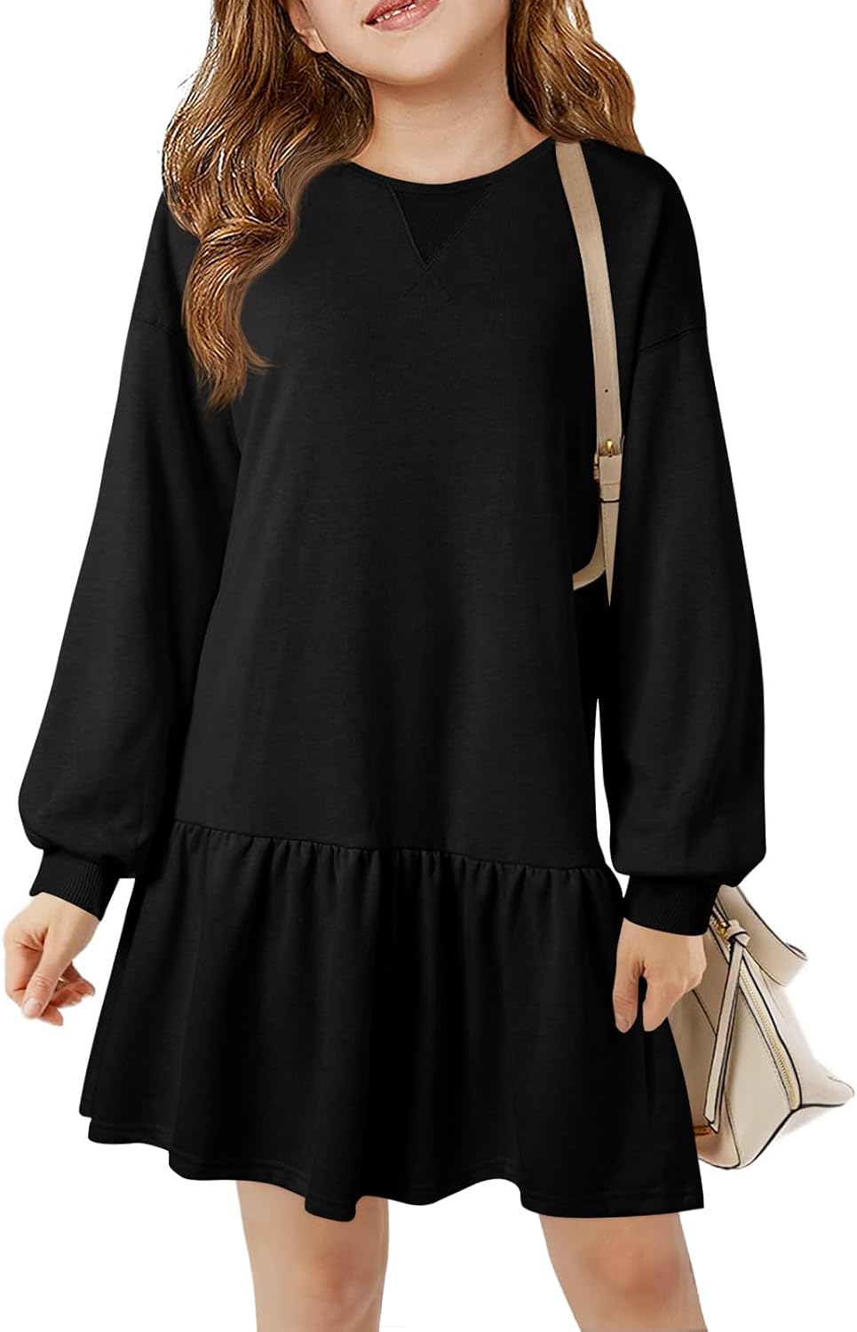 Haloumoning Girls Long Sleeve Dresses Sweatshirt Dress Kids Casual Crewneck Rib Knit Mini Dress 5-14 Years