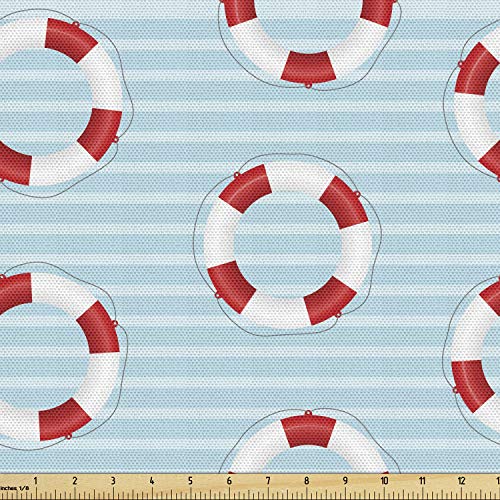 Ambesonne Coastal Fabric by The Yard, Nautical Sea Themed Composition with Pastel Colored Stripes Background, Decorative Fabric for Upholstery and Home Accents, 1 Yard, White and Blue