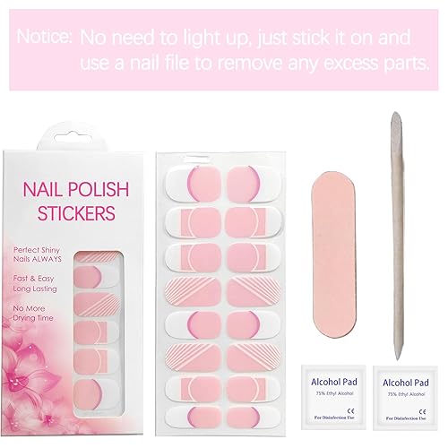 Miniatura 6 de YOSOMK Calcomanías de uñas de gel para mujer, tiras de uñas francesas rosa y blanco, sin rayos UV, 16 envolturas de uñas con patrón de línea blanca,