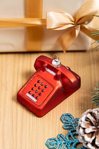 Miniatura 4 de Paquete de 2 adornos de teléfono retro de vidrio soplado a mano para árbol de Navidad, pintado a mano de vidrio fijo, escritorio, teléfono, ornamento