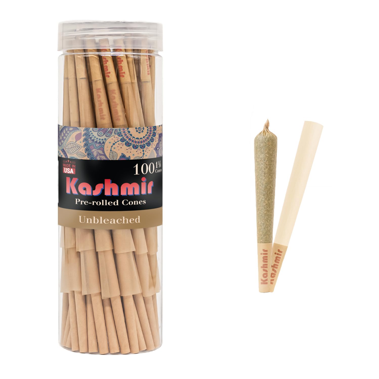 Kashmir PreRolled Cones Unbleached 1 1/4 Size – 100 Pack Rolling Papers with W-Shaped Tips – Natural Fiber Cones – Slow Burn, Easy Fill, Even Smoke – 79mm Pre Rolls