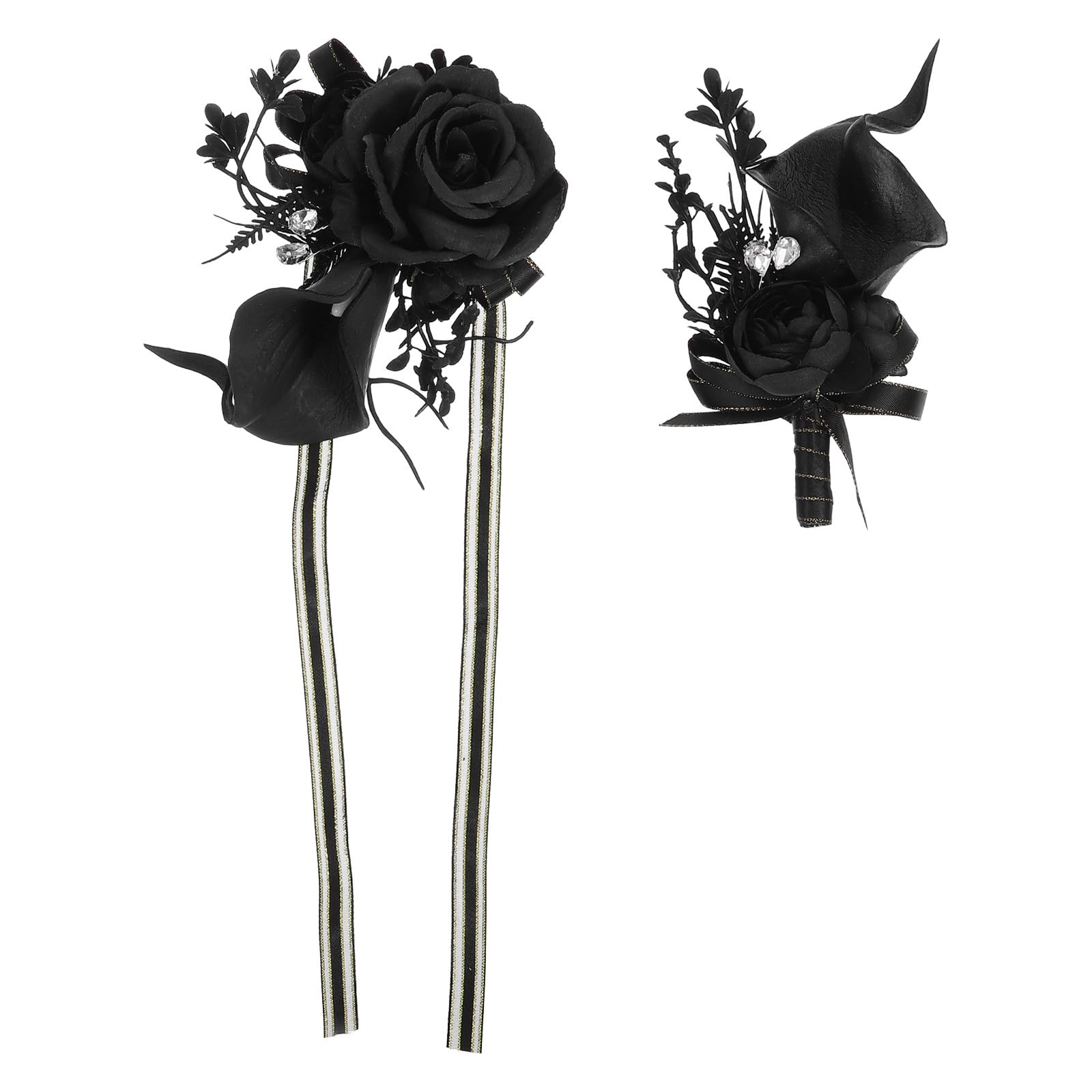 Ramillete y boutonniere de boda góticos con rosa artificial negra y pulsera a juego