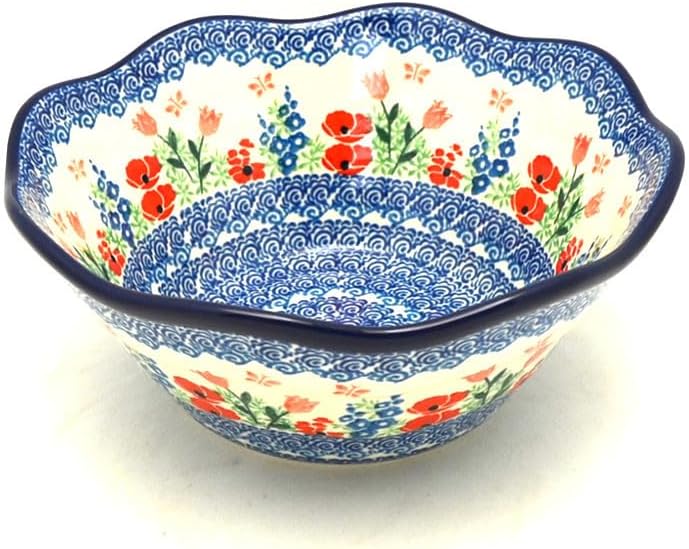 Polish Pottery Bowl - Curvy Edge - 10" - Whimsical Garden