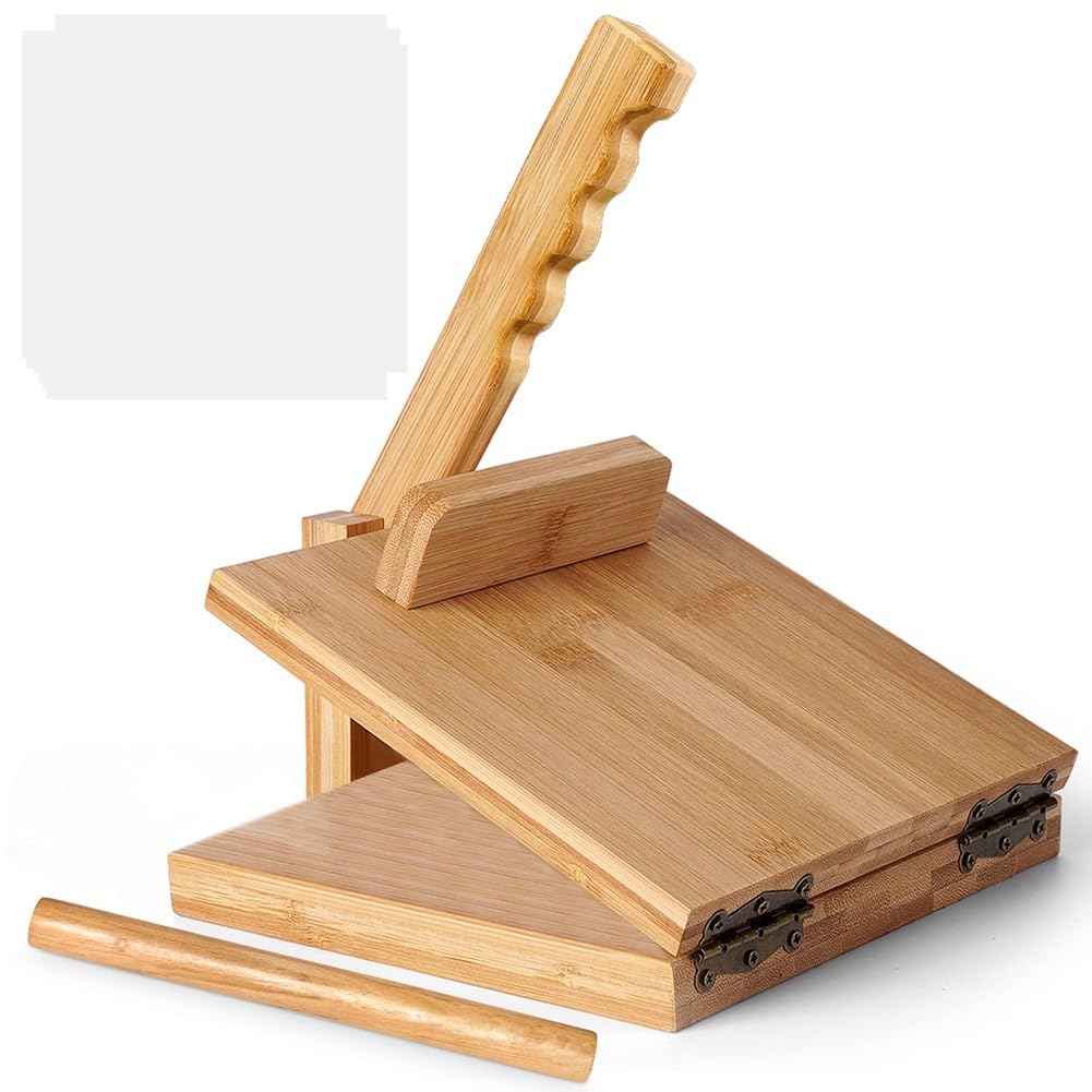 Qusedwey Tortilla Press10 Inch Roti Maker with Rolling Pin Large Bamboo Wood Tortilla Maker with 50 Pieces Parchment Paper
