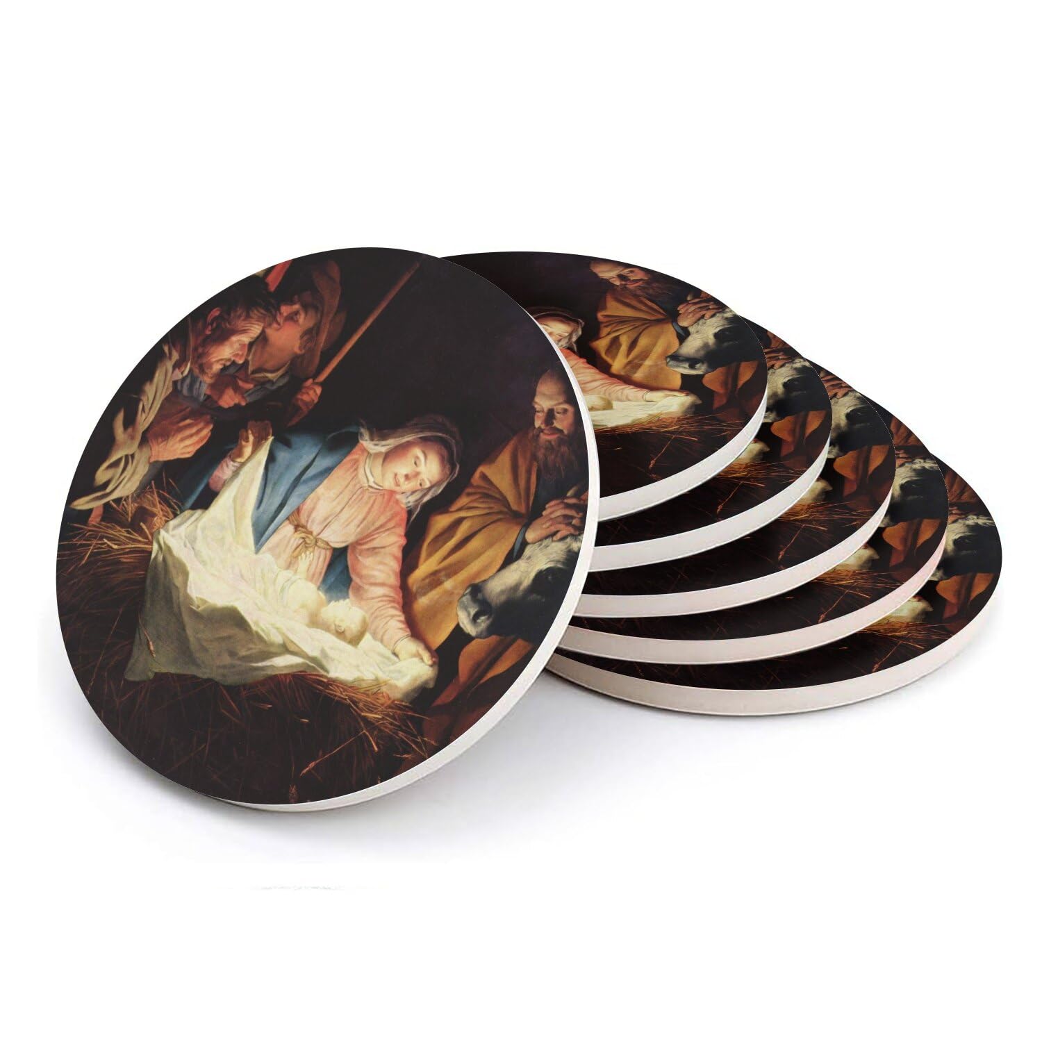Sous-verre ronds en céramique Nativité et Vierge Marie pour protection table de Noël - Lot de 6